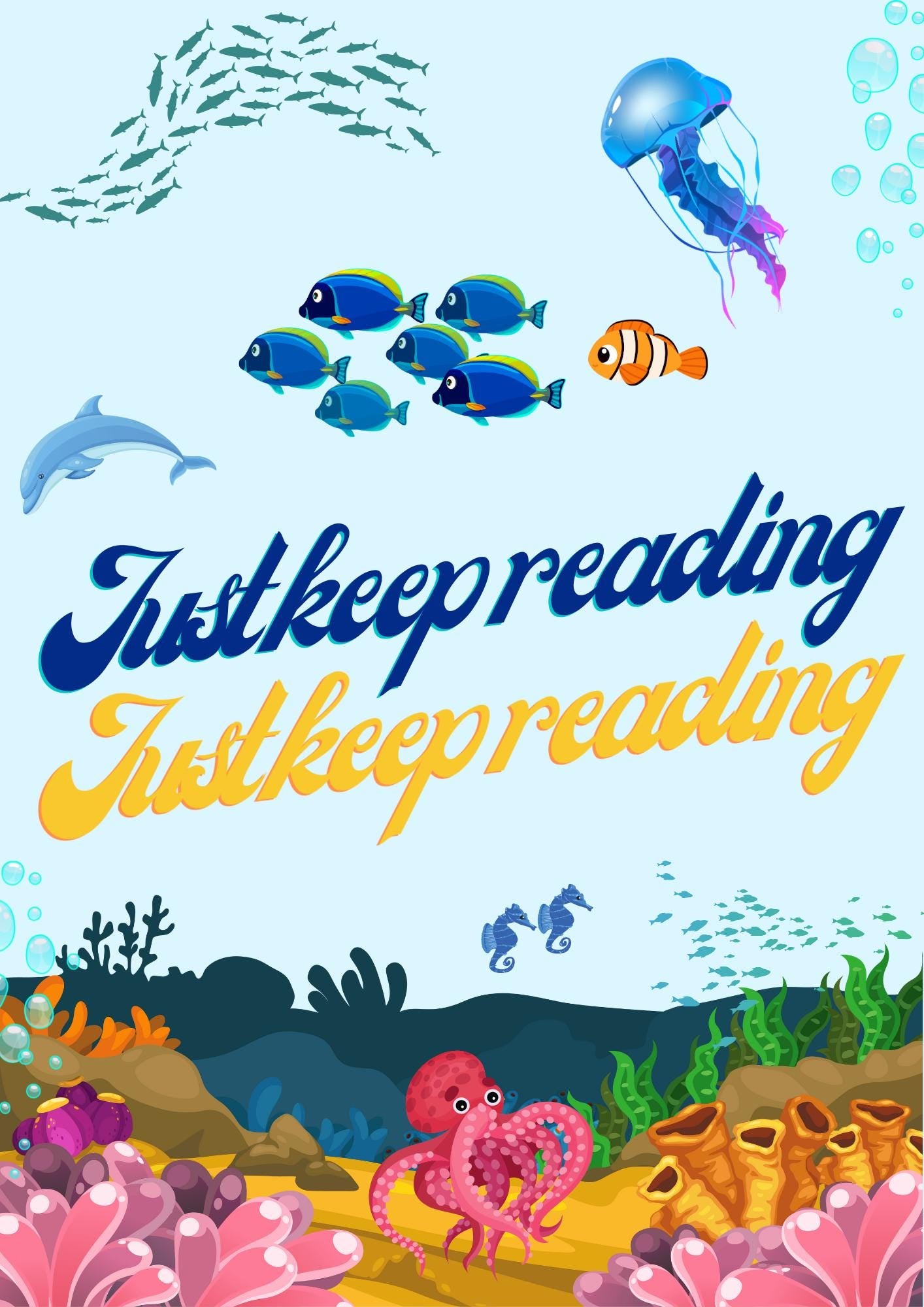 Just Keep Reading Digital Wall Art - Colourful Ocean-Themed Printable, Fun Book Lover Quote
