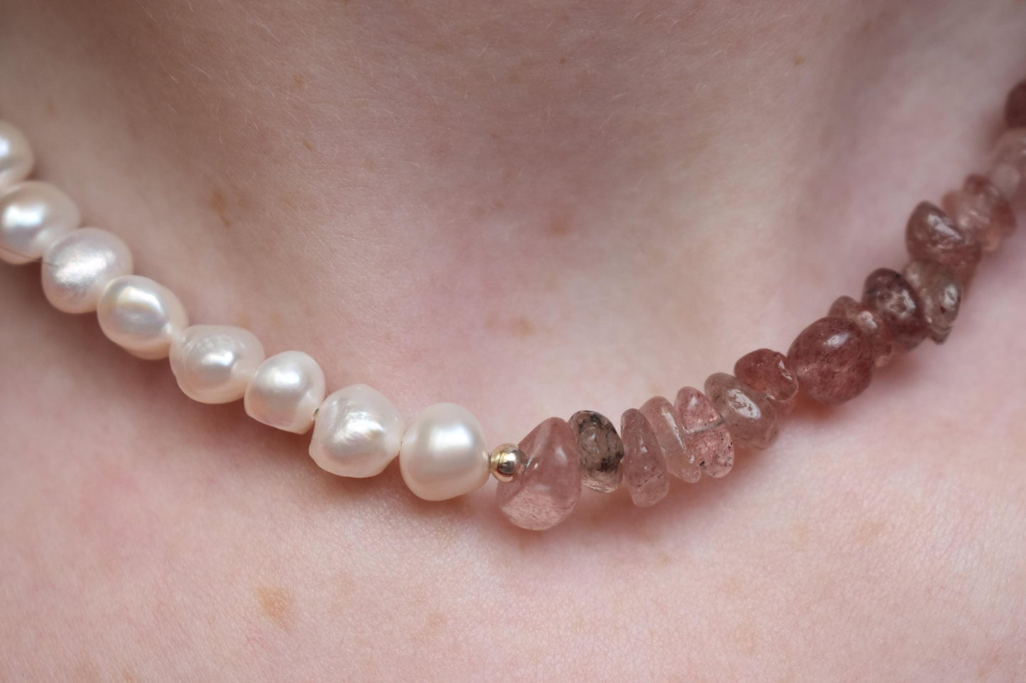Strawberry Quartz & Freshwater Pearl Sterling Silver Necklace - 15” Handmade Gemstone Jewellery