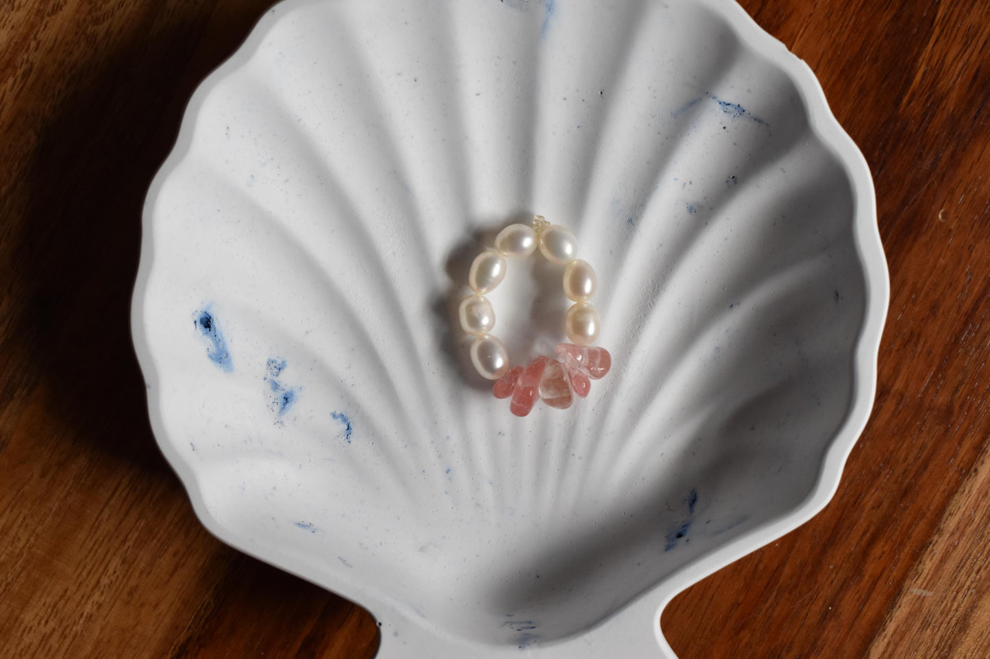 Delicate Freshwater Pearl & Cherry Quartz Stretch Ring - Handmade, Adjustable, Natural Gemstone Jewellery