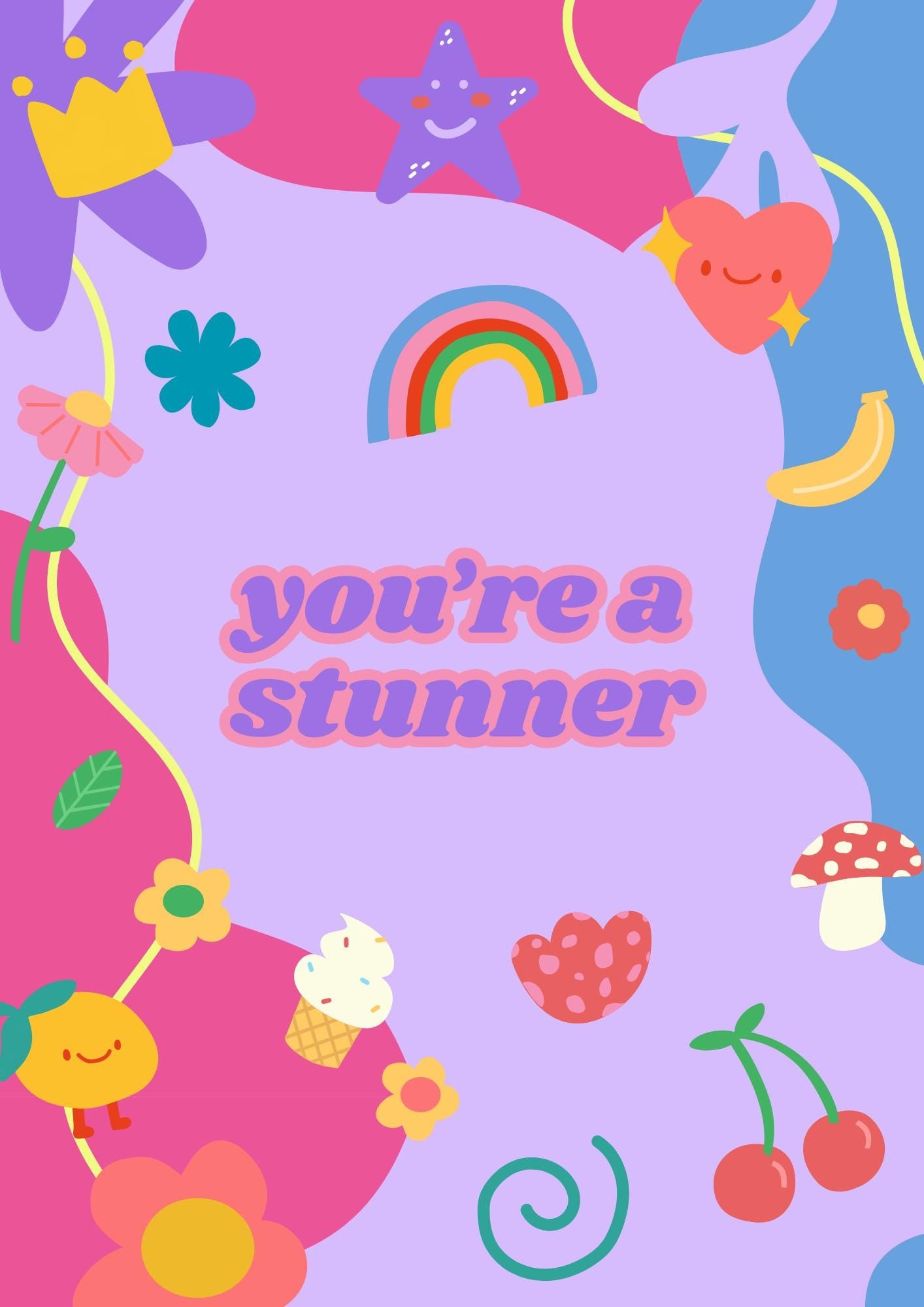 You're a Stunner Playful Sticker-Inspired Digital Wall Print - Fun & Bubbly Purple, Pink, Blue Art - Digital Download