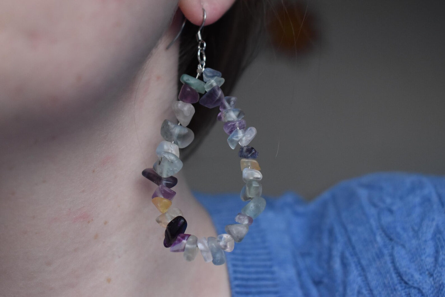 Fluorite Chip Long Drop Sterling Silver Earrings