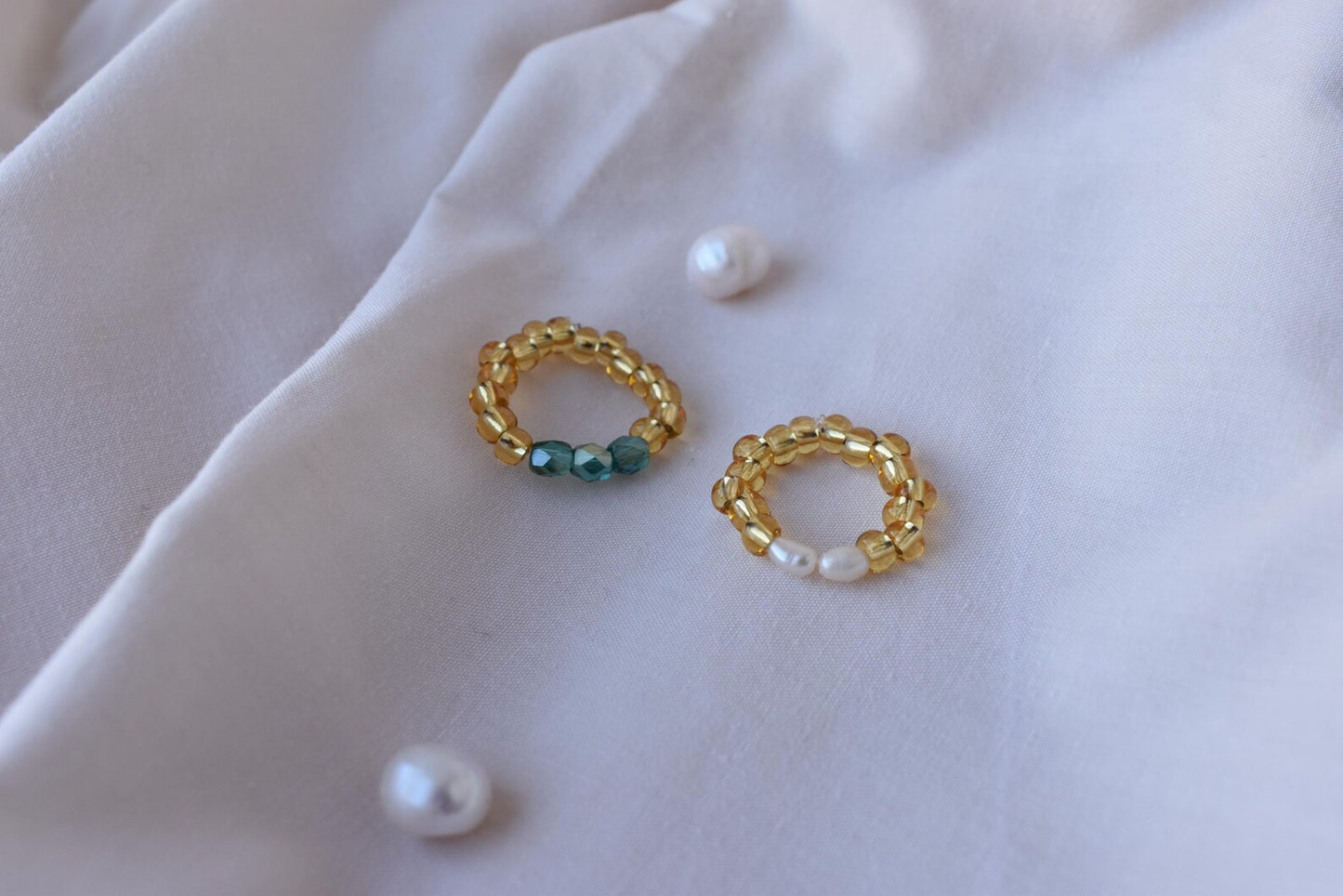 Handmade Two-Ring Bundle - Seed Bead Rings with Pearls & Emerald Glass - Adjustable Fit