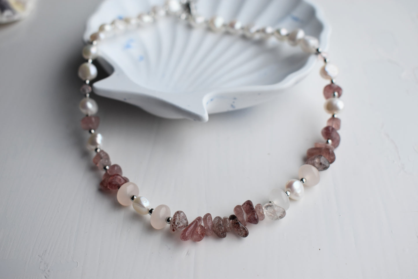 Layered Freshwater Pearl & Strawberry Quartz Sterling Silver Necklace 15"