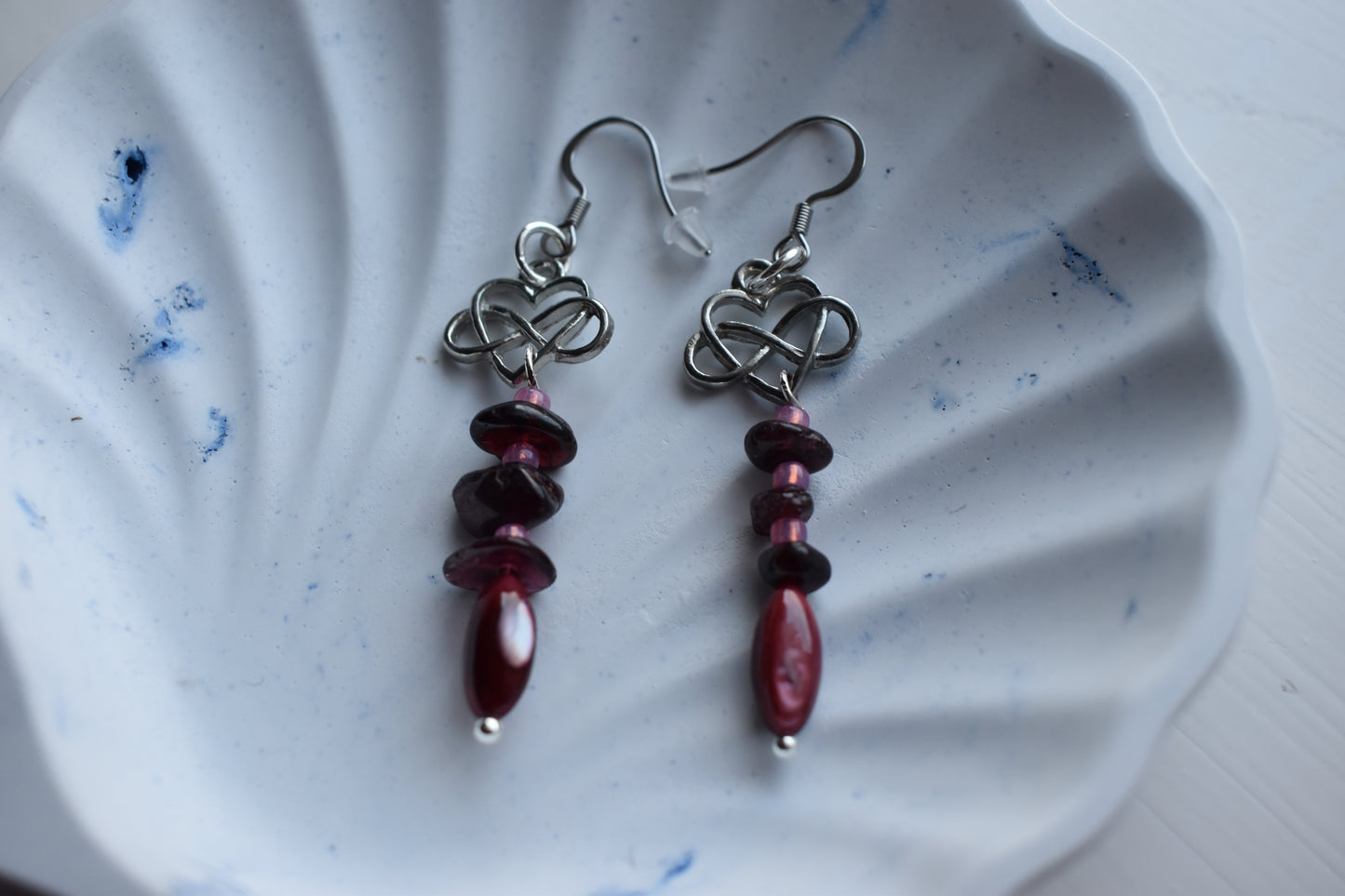 Garnet & Celtic Heart Drop Sterling Silver Earrings with Antique Silver Tone Charm