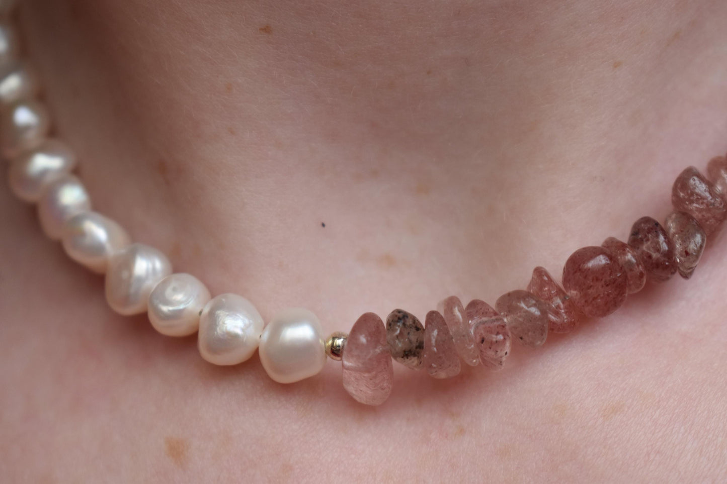 Strawberry Quartz & Freshwater Pearl Necklace - 15” Handmade Gemstone Jewellery