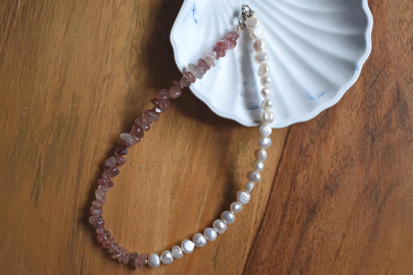 Strawberry Quartz & Freshwater Pearl Necklace - 15” Handmade Gemstone Jewellery