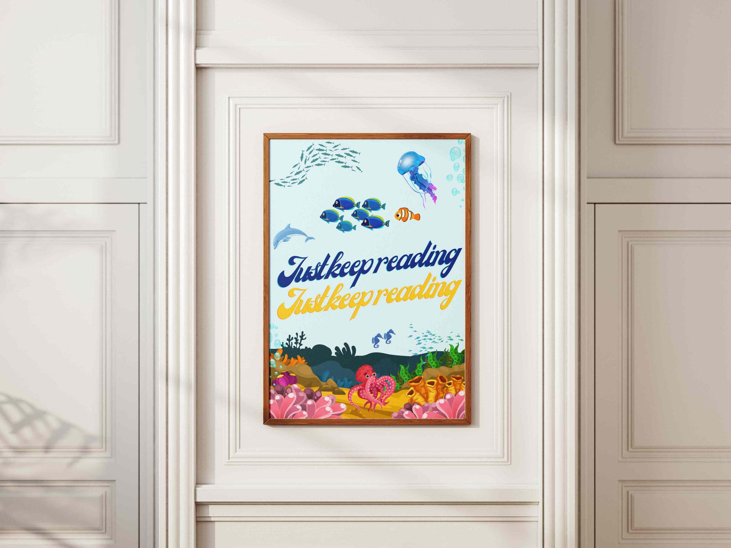 Just Keep Reading Digital Wall Art - Colourful Ocean-Themed Printable, Fun Book Lover Quote