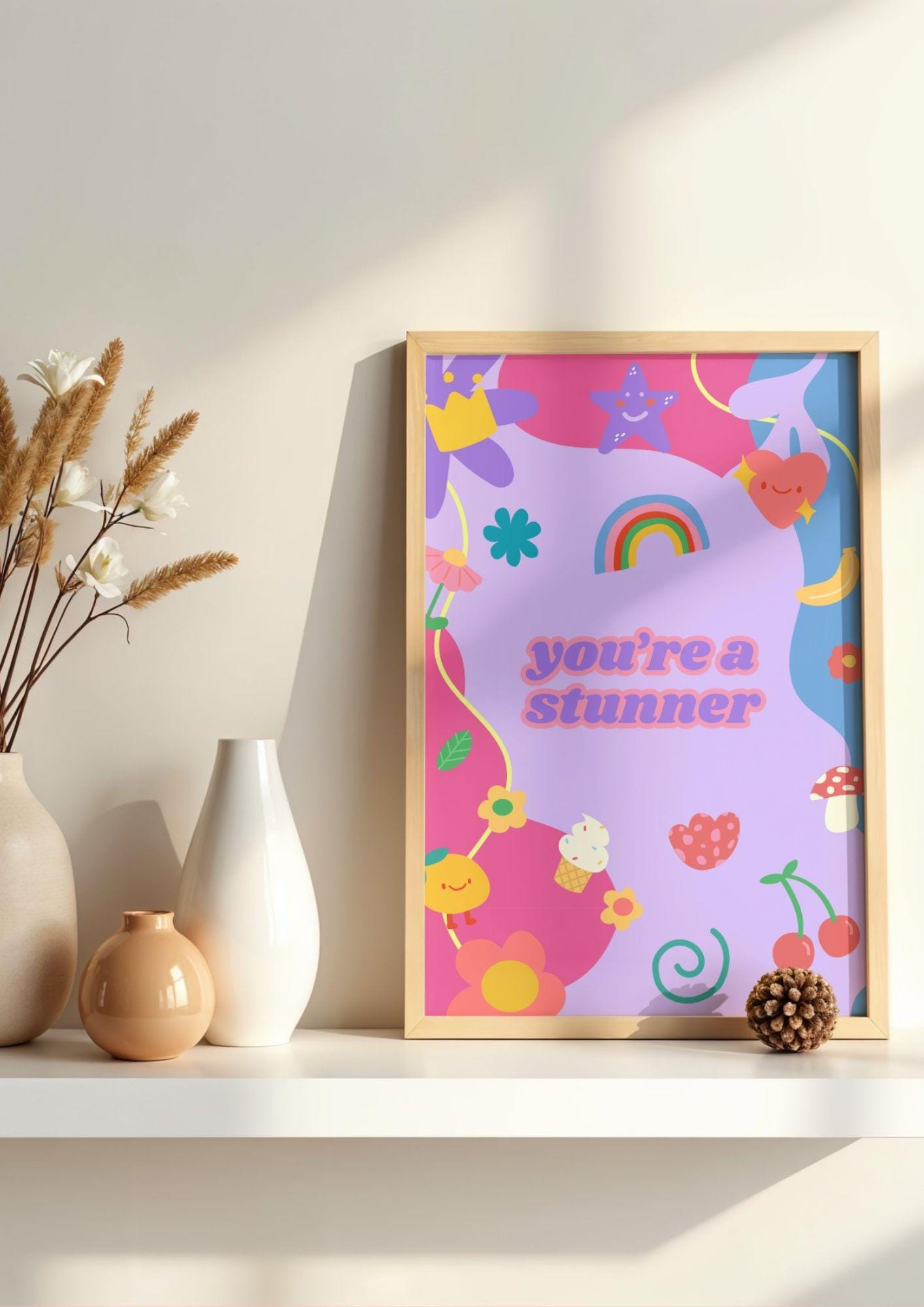 You're a Stunner Playful Sticker-Inspired Digital Wall Print - Fun & Bubbly Purple, Pink, Blue Art - Digital Download