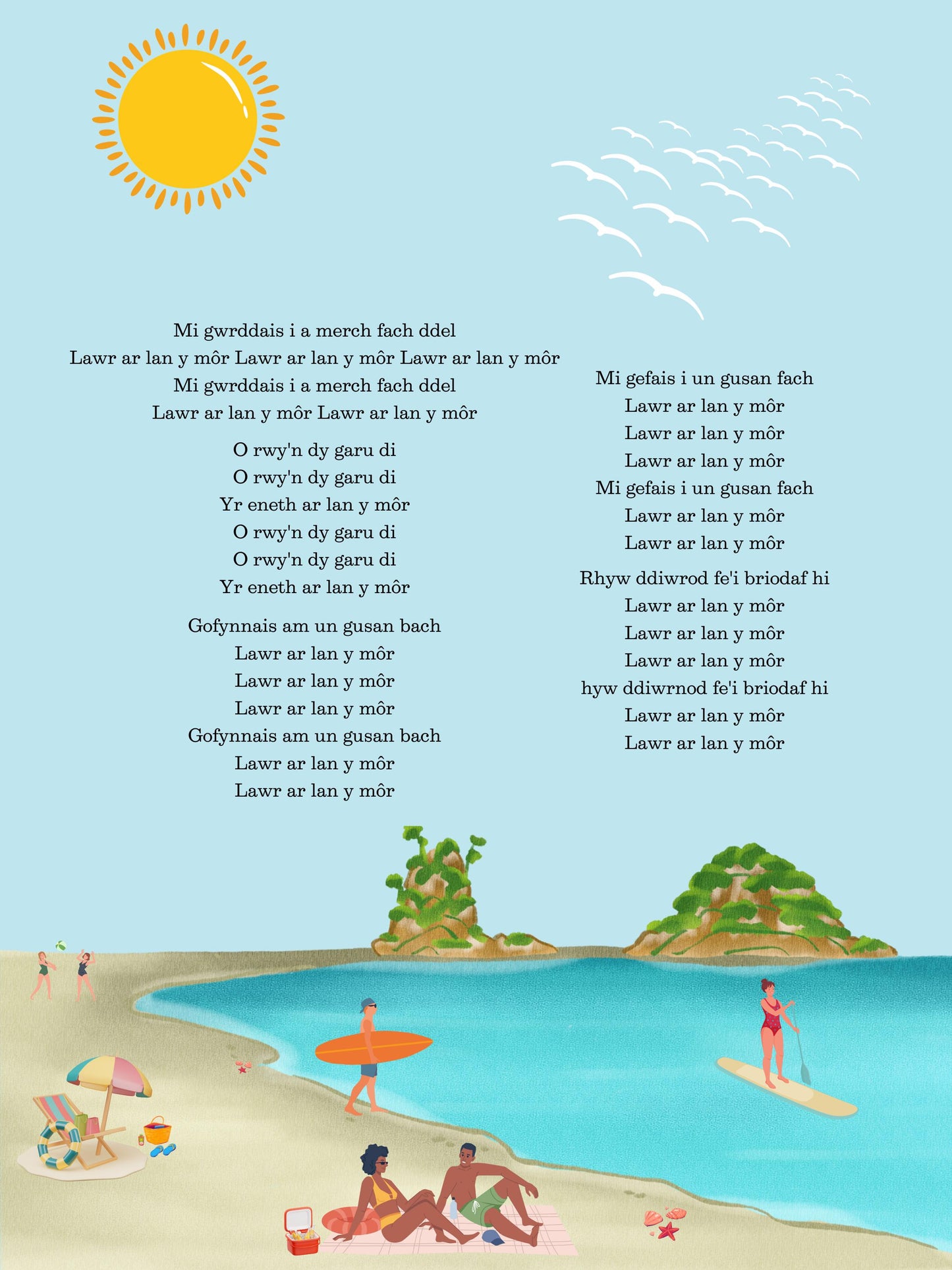 Lawr Ar Lan y Môr - Beach Art Print - Welsh Digital Download - Song Lyrics