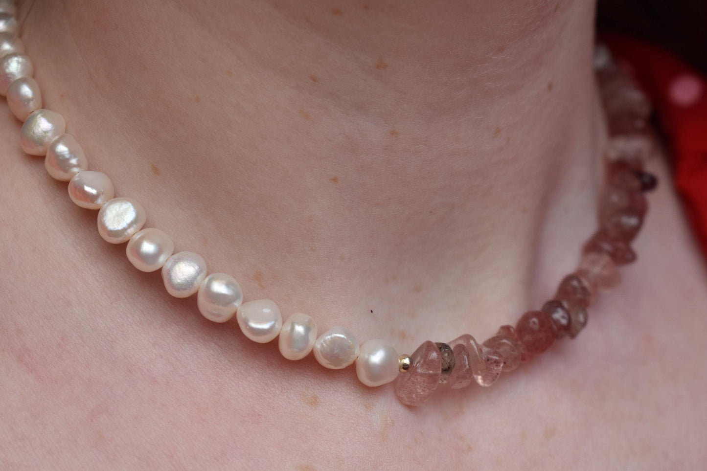 Strawberry Quartz & Freshwater Pearl Necklace - 15” Handmade Gemstone Jewellery