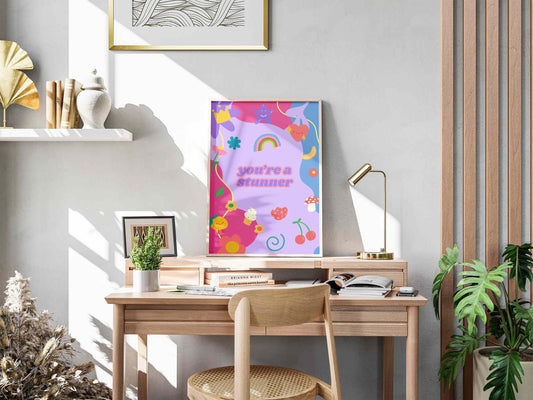 You're a Stunner Playful Sticker-Inspired Digital Wall Print - Fun & Bubbly Purple, Pink, Blue Art - Digital Download