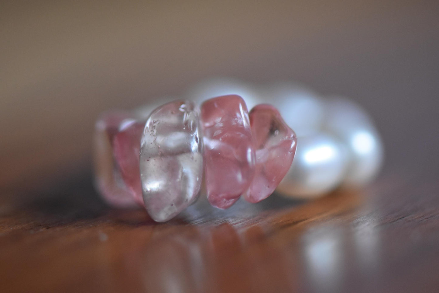 Delicate Freshwater Pearl & Cherry Quartz Stretch Ring - Handmade, Adjustable, Natural Gemstone Jewellery