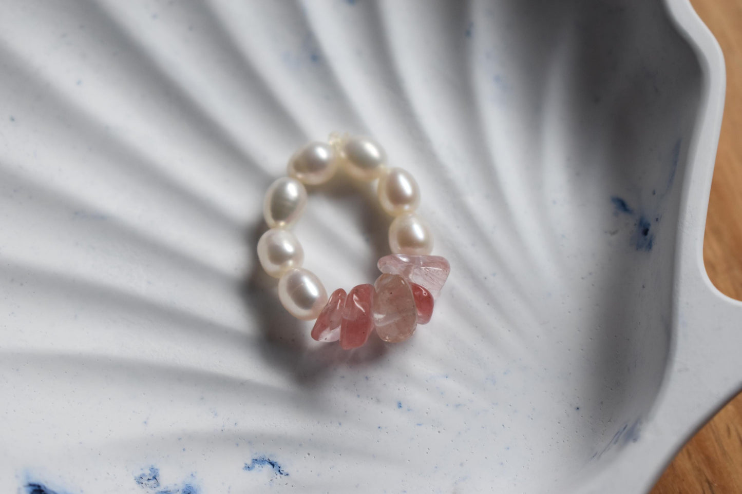 Delicate Freshwater Pearl & Cherry Quartz Stretch Ring - Handmade, Adjustable, Natural Gemstone Jewellery