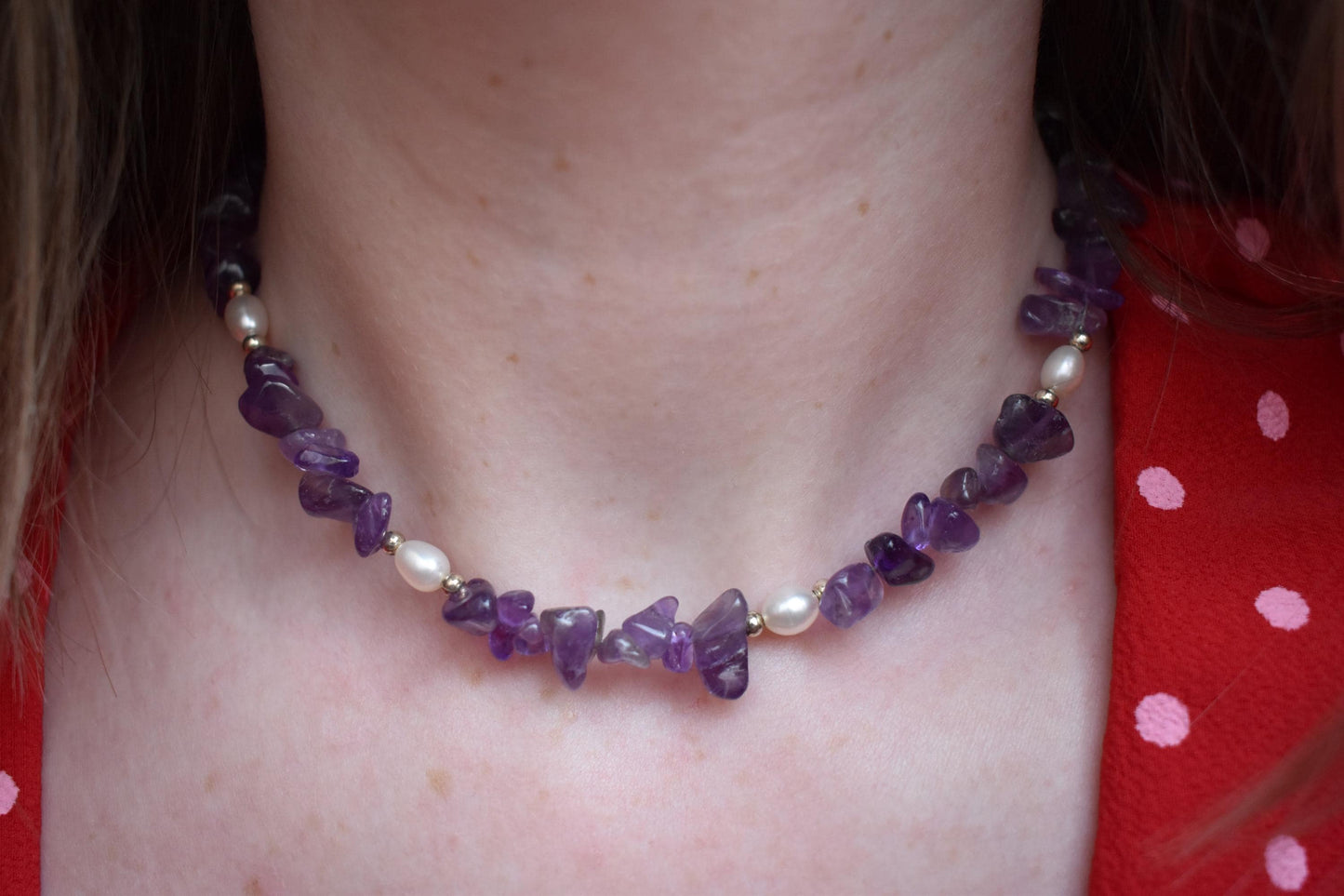 Amethyst Chip & Freshwater Pearl Sterling Silver Necklace - 15” Handmade Gemstone Jewellery