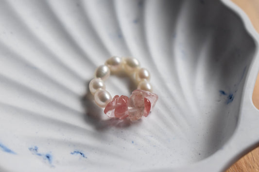 Delicate Freshwater Pearl & Cherry Quartz Stretch Ring - Handmade, Adjustable, Natural Gemstone Jewellery