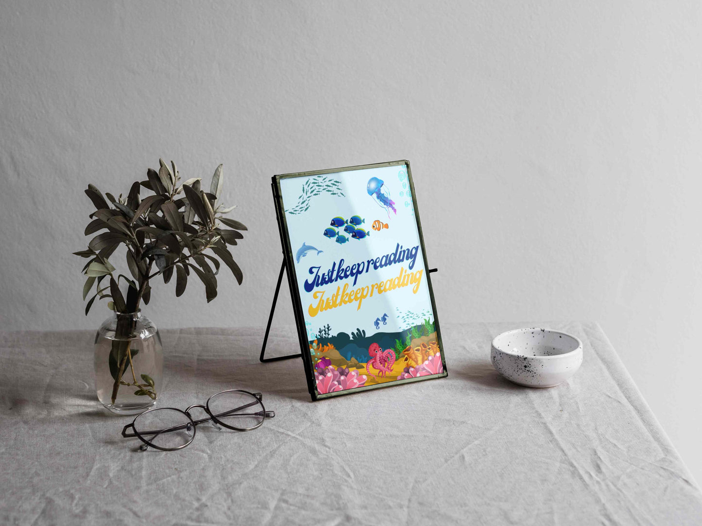 Just Keep Reading Digital Wall Art - Colourful Ocean-Themed Printable, Fun Book Lover Quote