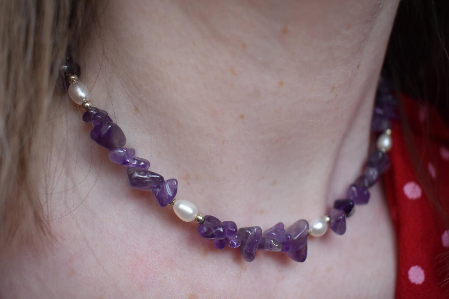 Amethyst Chip & Freshwater Pearl Sterling Silver Necklace - 15” Handmade Gemstone Jewellery