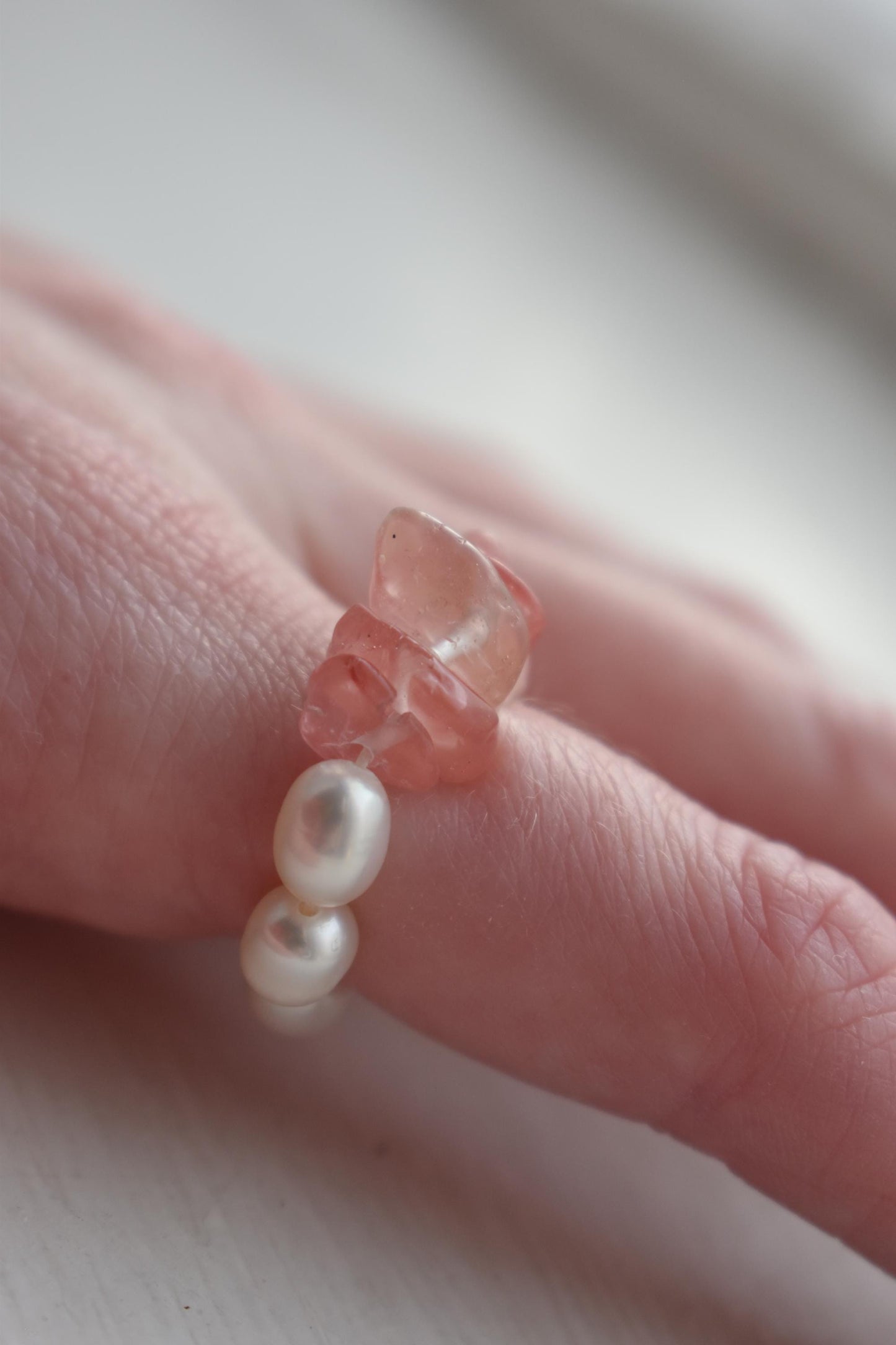 Delicate Freshwater Pearl & Cherry Quartz Stretch Ring - Handmade, Adjustable, Natural Gemstone Jewellery