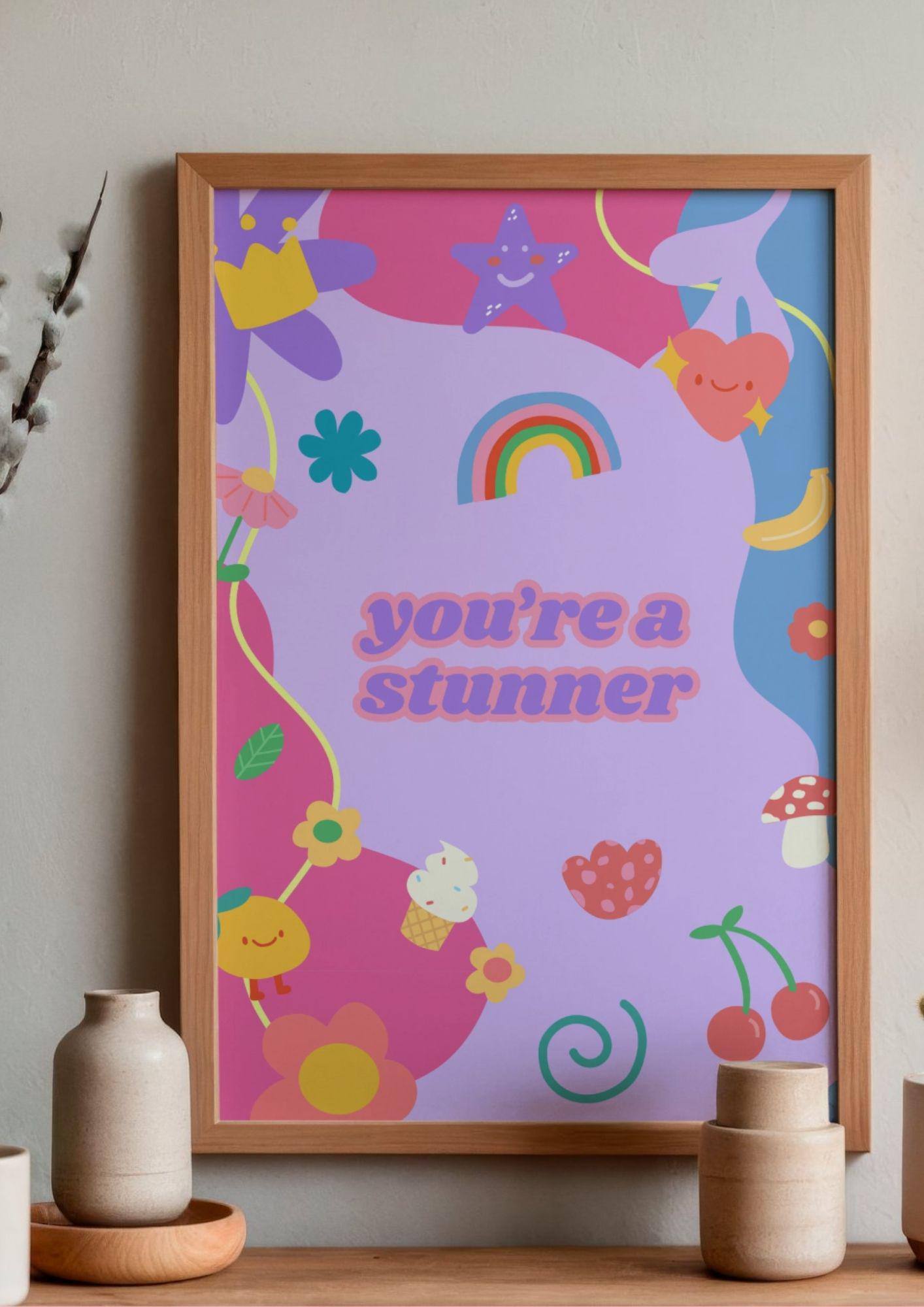 You're a Stunner Playful Sticker-Inspired Digital Wall Print - Fun & Bubbly Purple, Pink, Blue Art - Digital Download