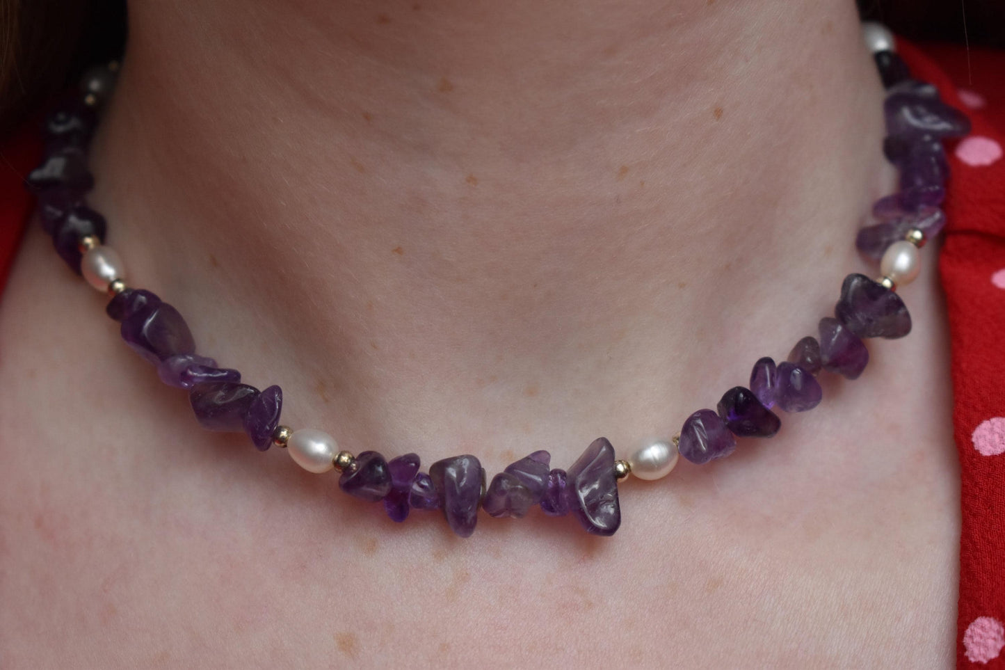 Amethyst Chip & Freshwater Pearl Sterling Silver Necklace - 15” Handmade Gemstone Jewellery