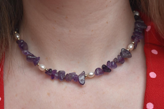 Amethyst Chip & Freshwater Pearl Necklace - 15” Handmade Gemstone Jewellery