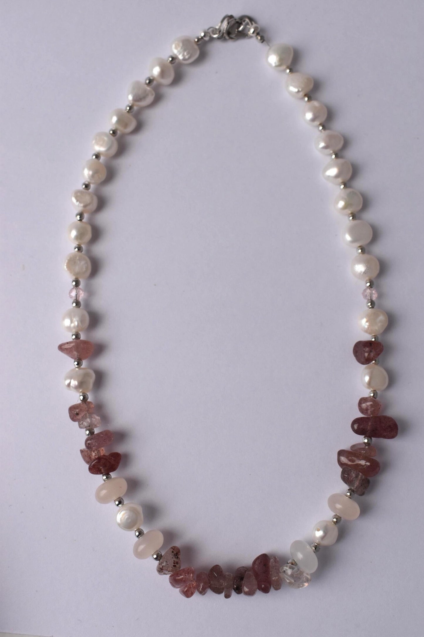 Layered Freshwater Pearl & Strawberry Quartz Sterling Silver Necklace 15"