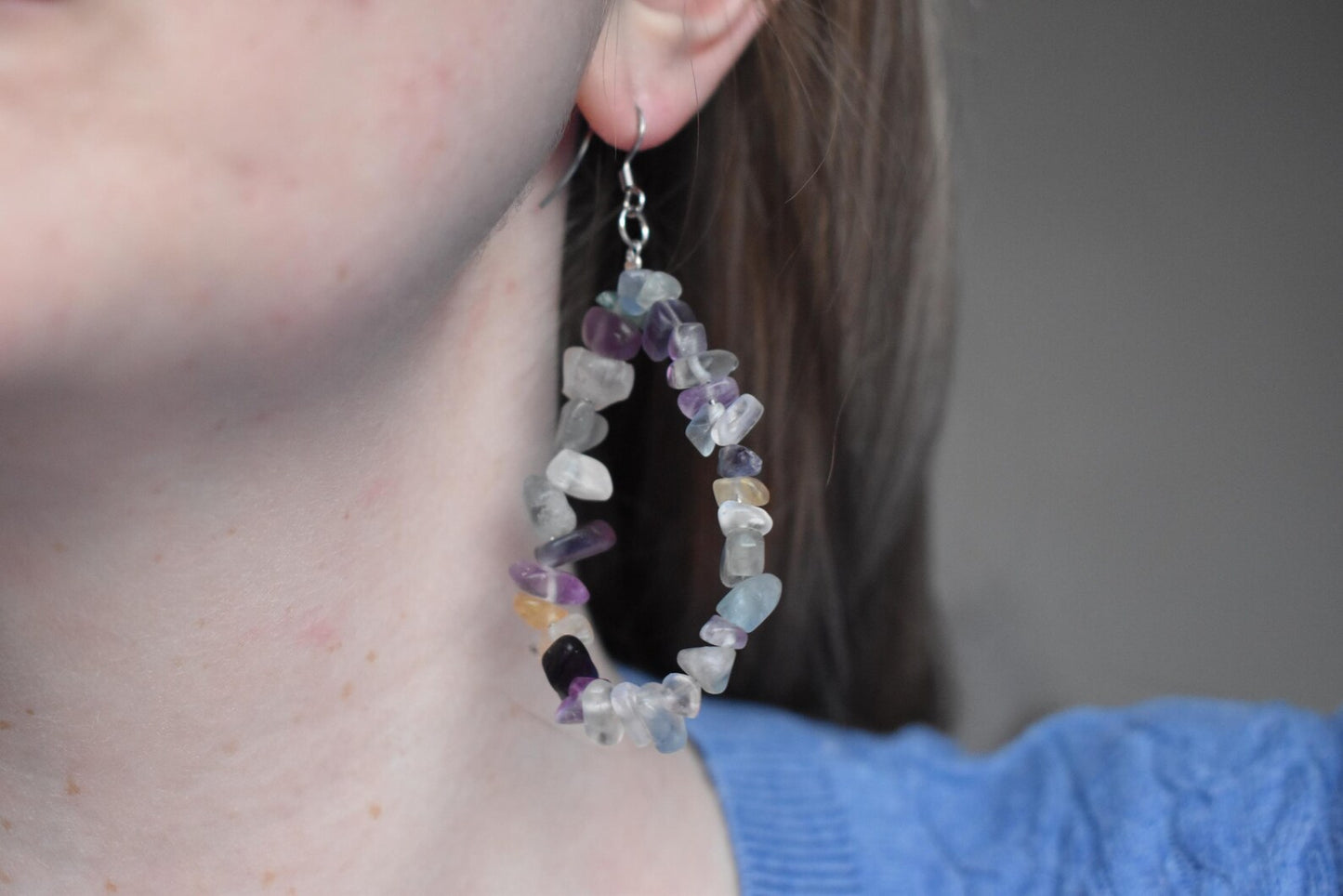 Fluorite Chip Long Drop Sterling Silver Earrings