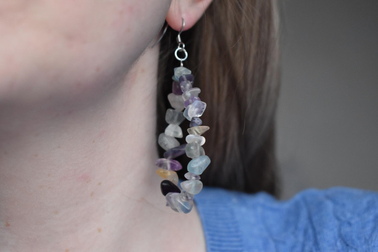 Fluorite Chip Long Drop Sterling Silver Earrings