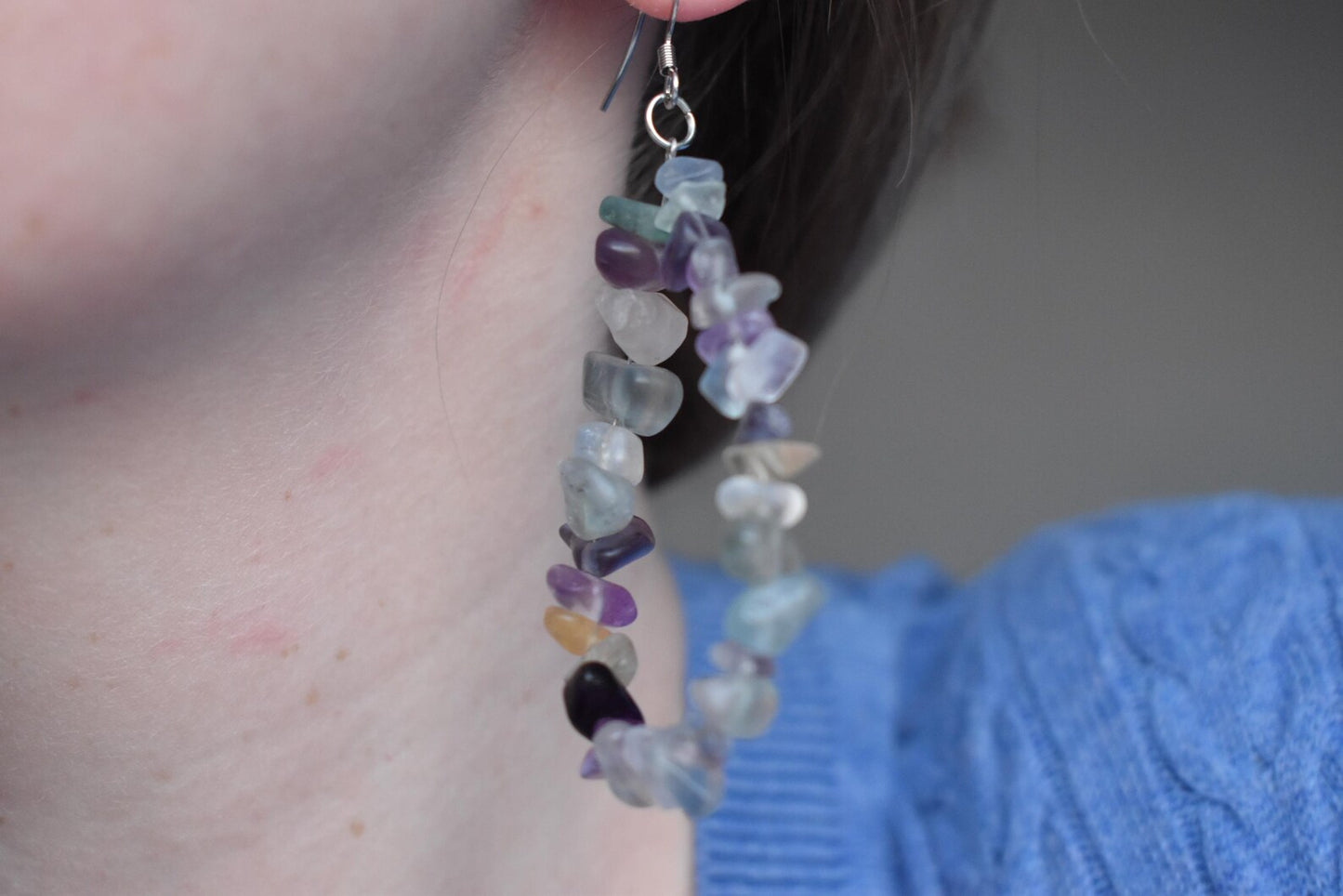 Fluorite Chip Long Drop Sterling Silver Earrings