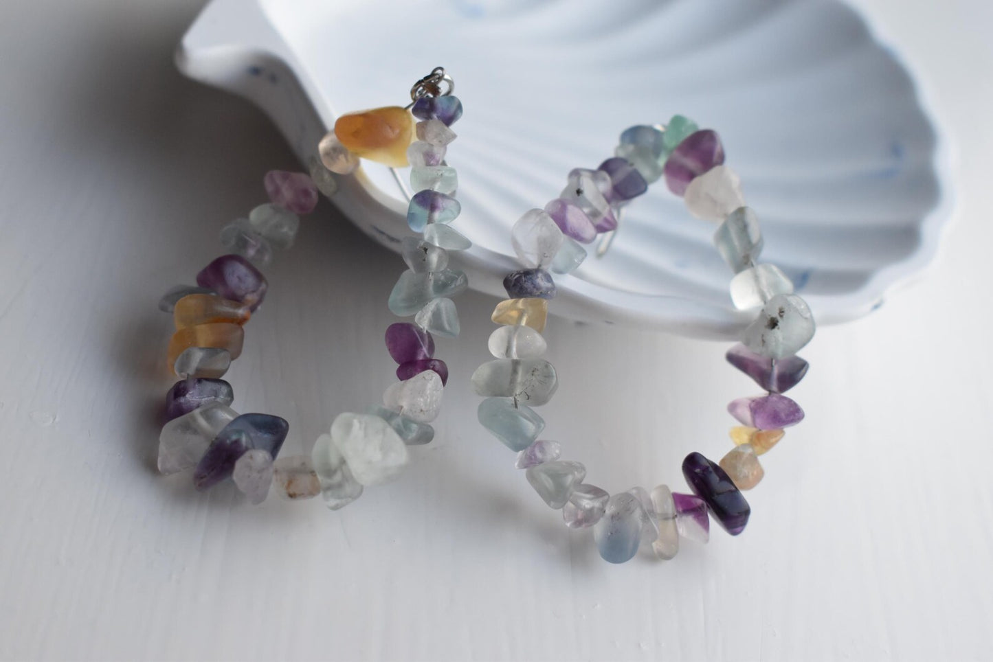 Fluorite Chip Long Drop Sterling Silver Earrings