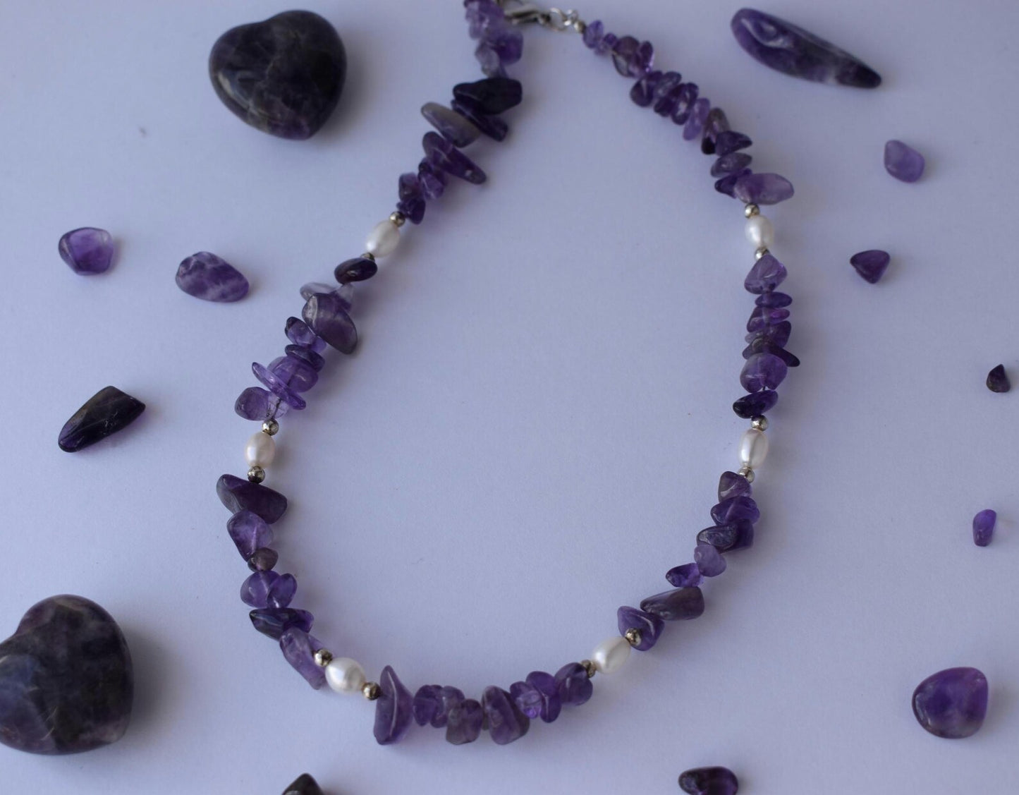 Amethyst Chip & Freshwater Pearl Sterling Silver Necklace - 15” Handmade Gemstone Jewellery