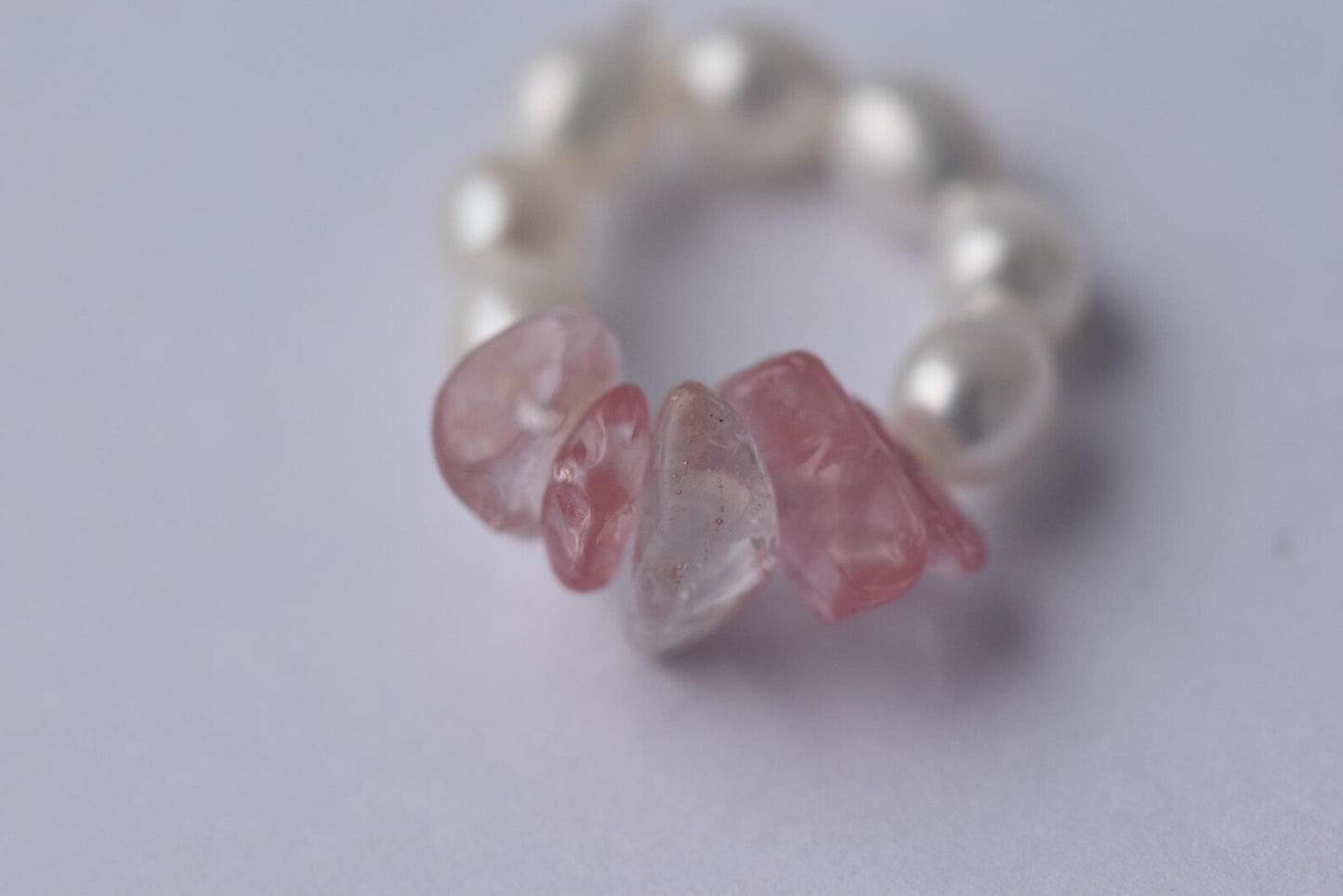 Delicate Freshwater Pearl & Cherry Quartz Stretch Ring - Handmade, Adjustable, Natural Gemstone Jewellery