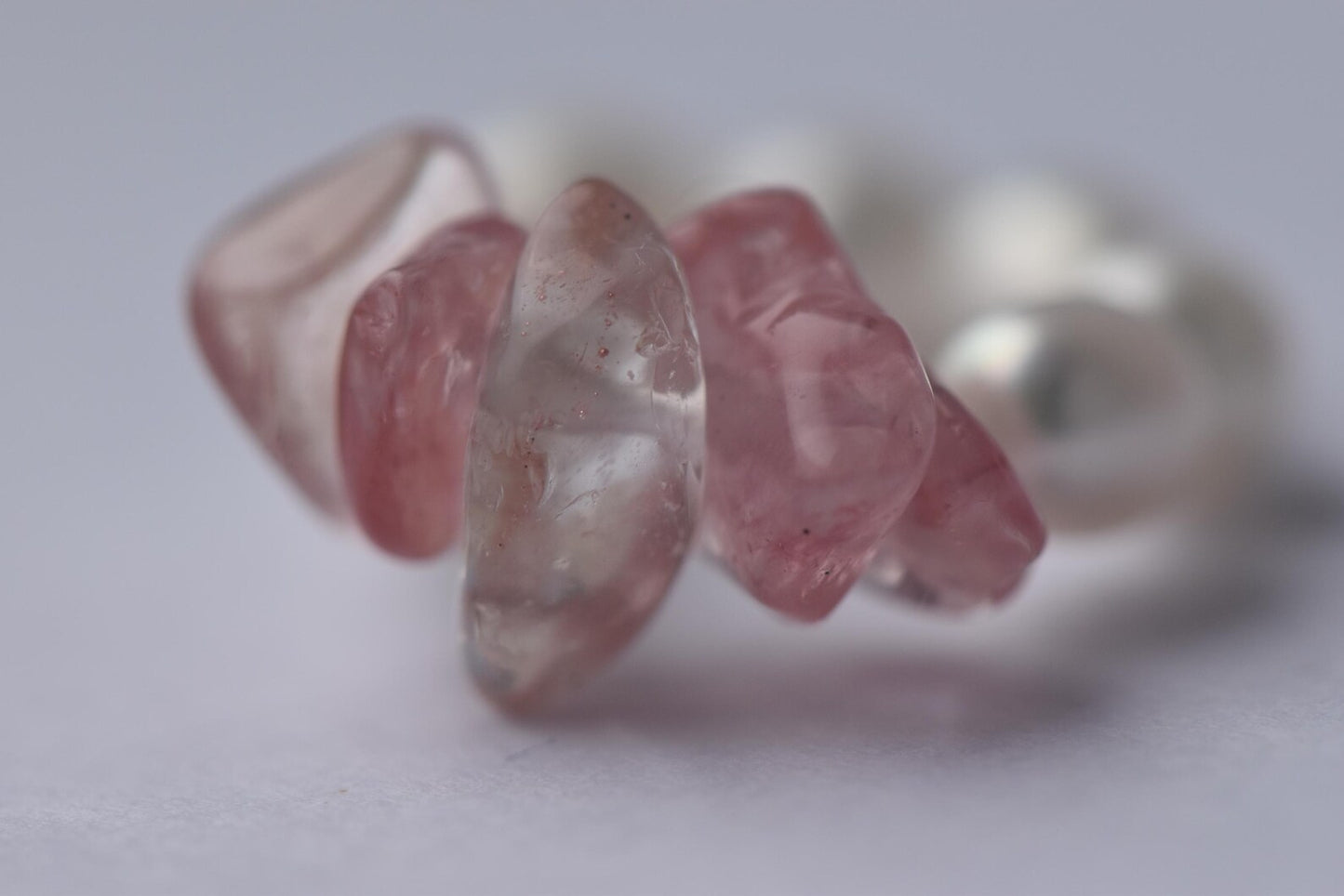 Delicate Freshwater Pearl & Cherry Quartz Stretch Ring - Handmade, Adjustable, Natural Gemstone Jewellery
