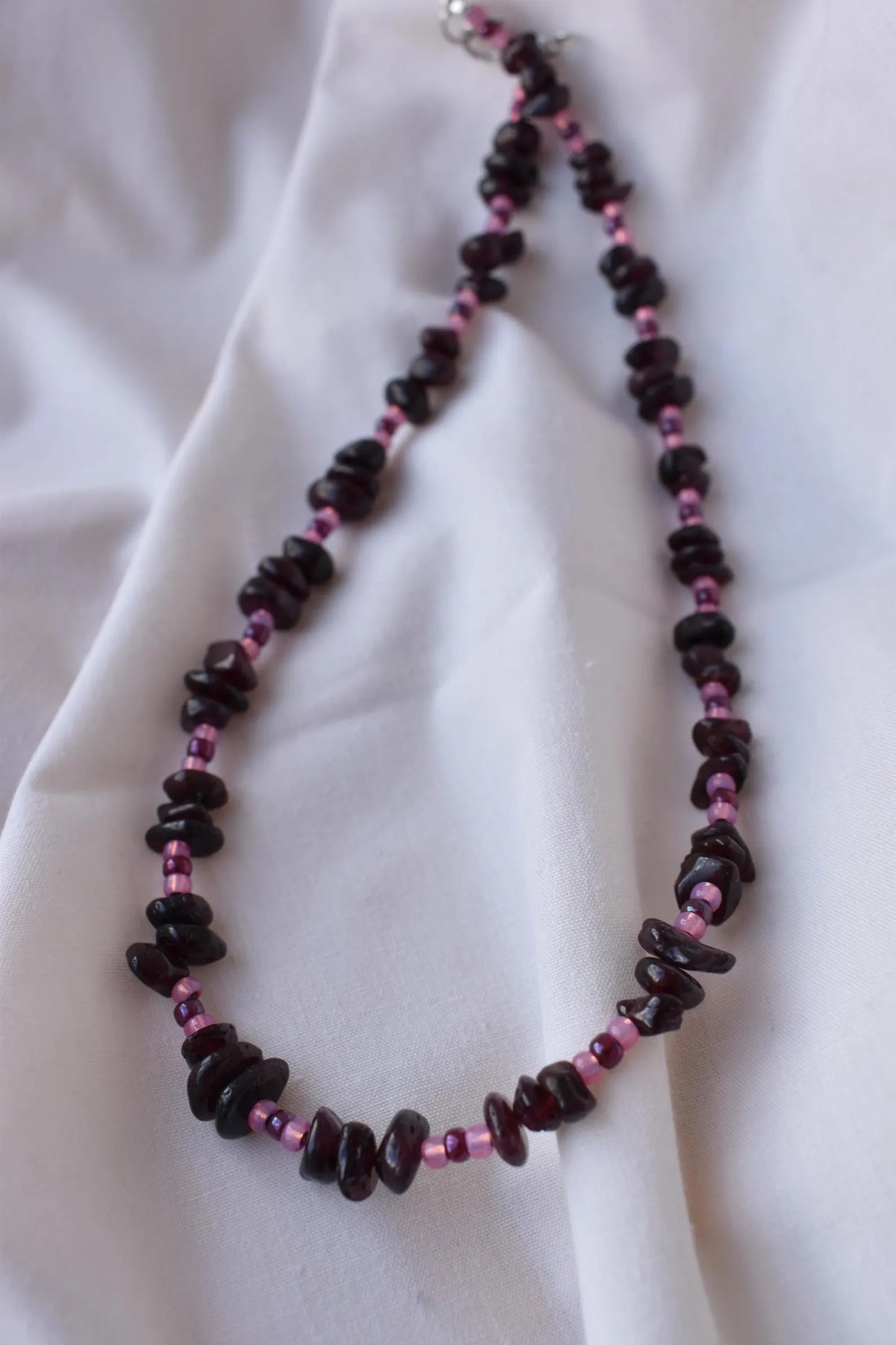 Garnet Chip & Seed Bead Sterling Silver Necklace (15")
