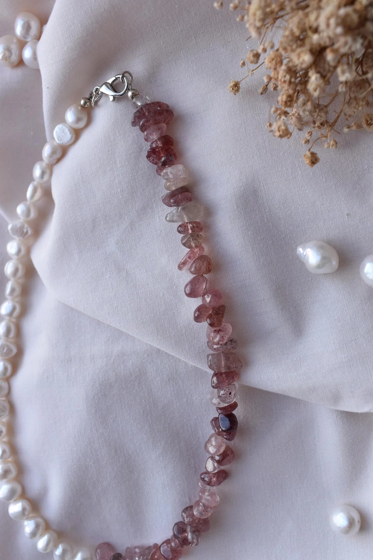 Strawberry Quartz & Freshwater Pearl Sterling Silver Necklace - 15” Handmade Gemstone Jewellery