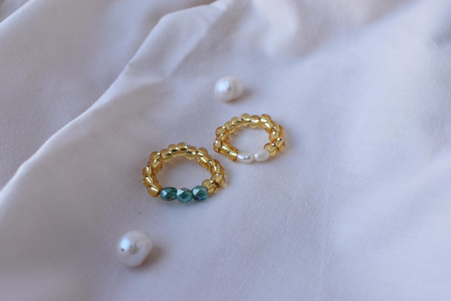 Handmade Two-Ring Bundle - Seed Bead Rings with Pearls & Emerald Glass - Adjustable Fit