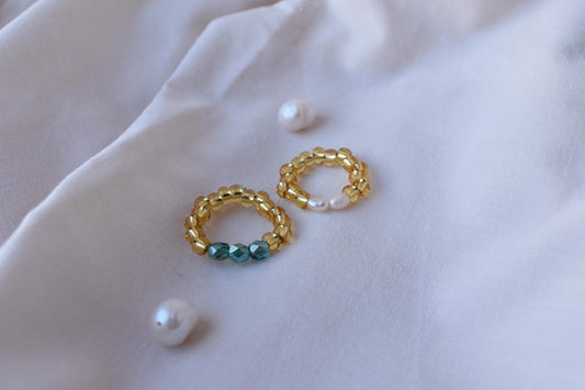 Handmade Two-Ring Bundle - Seed Bead Rings with Pearls & Emerald Glass - Adjustable Fit