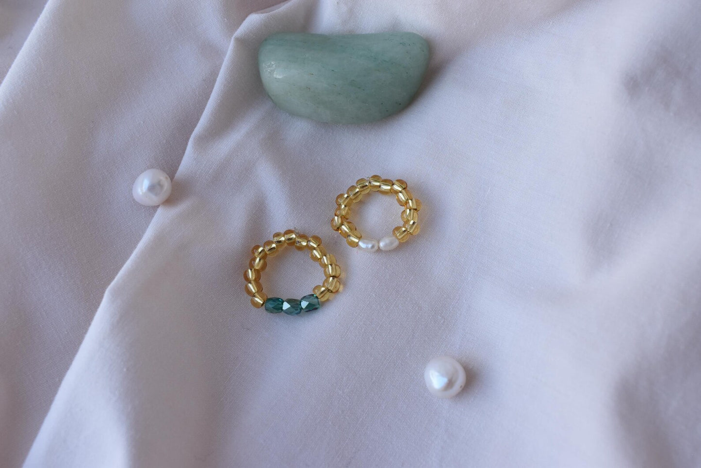 Handmade Two-Ring Bundle - Seed Bead Rings with Pearls & Emerald Glass - Adjustable Fit
