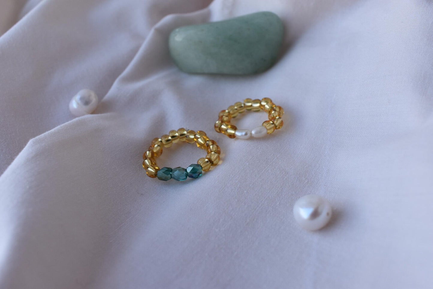 Handmade Two-Ring Bundle - Seed Bead Rings with Pearls & Emerald Glass - Adjustable Fit