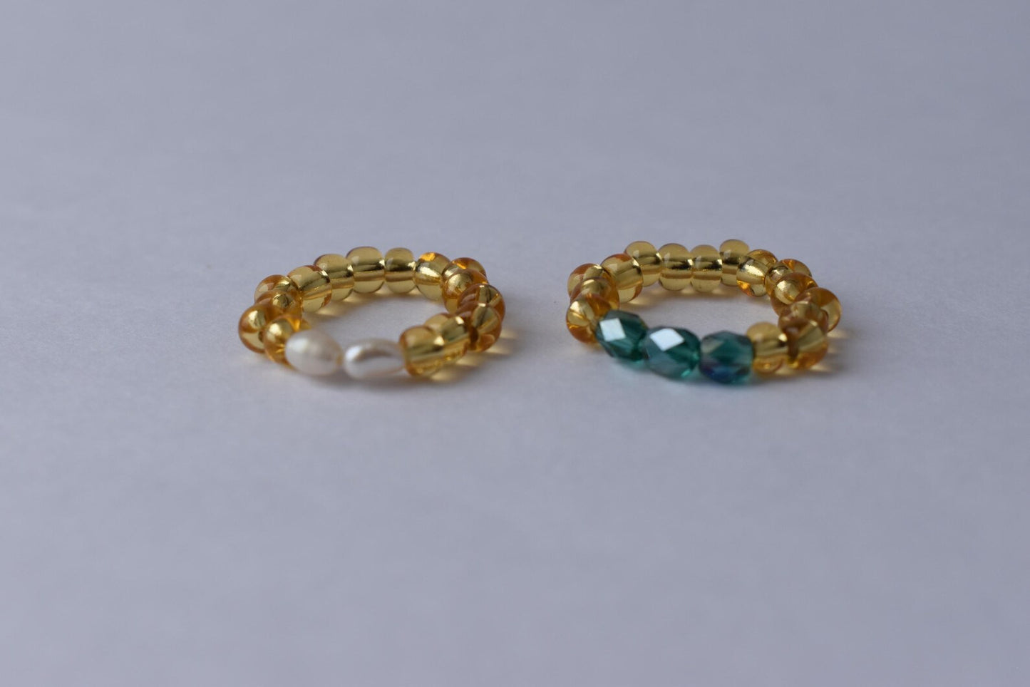 Handmade Two-Ring Bundle - Seed Bead Rings with Pearls & Emerald Glass - Adjustable Fit