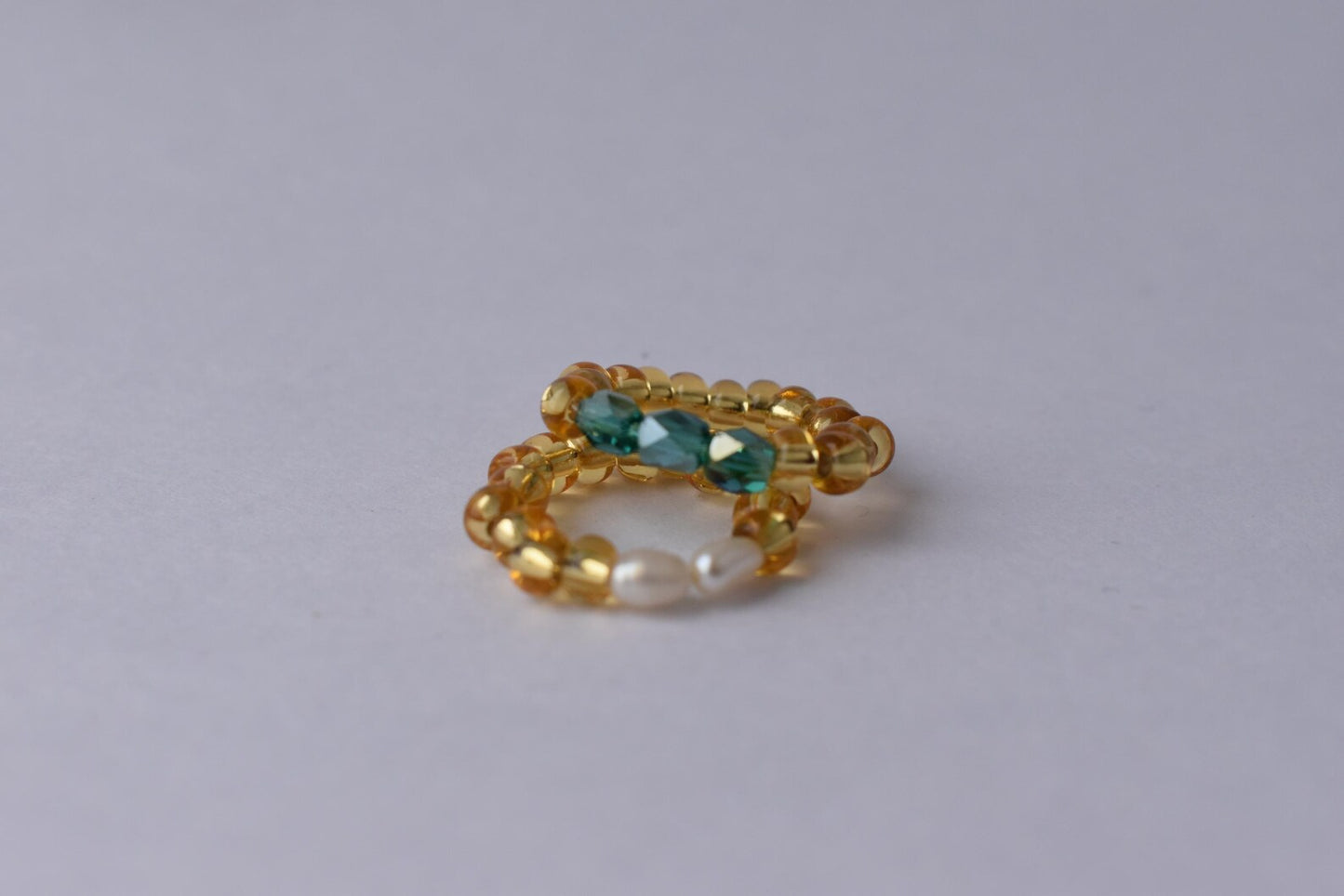 Handmade Two-Ring Bundle - Seed Bead Rings with Pearls & Emerald Glass - Adjustable Fit