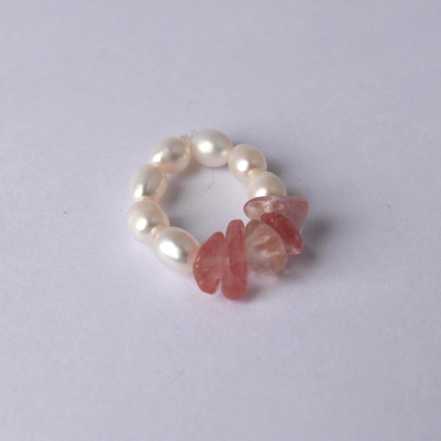 Delicate Freshwater Pearl & Cherry Quartz Stretch Ring - Handmade, Adjustable, Natural Gemstone Jewellery