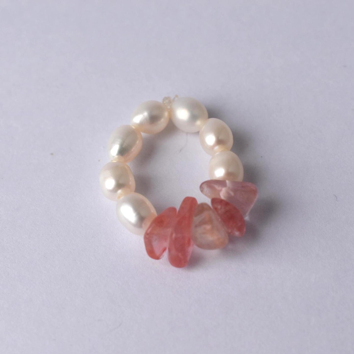 Delicate Freshwater Pearl & Cherry Quartz Stretch Ring - Handmade, Adjustable, Natural Gemstone Jewellery