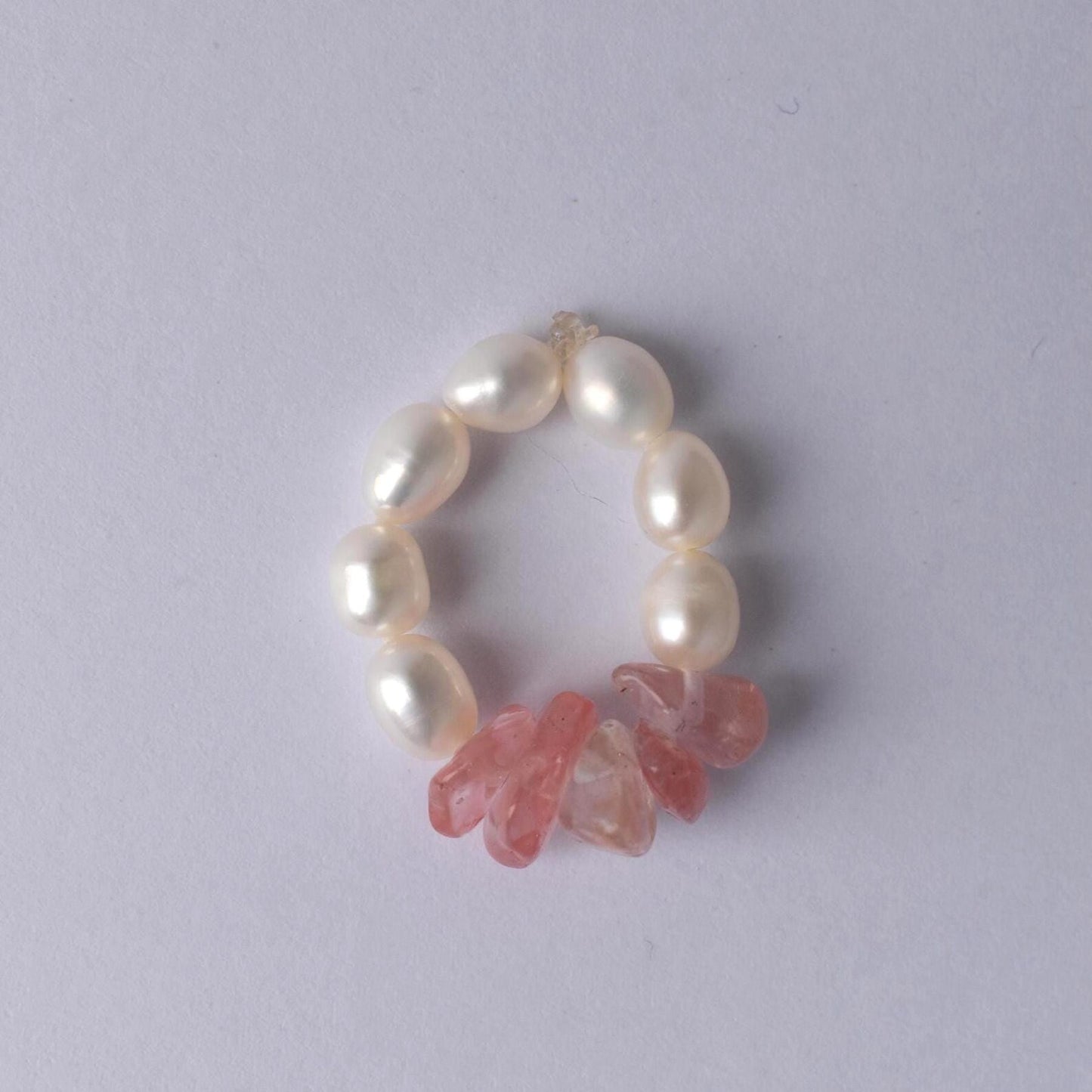 Delicate Freshwater Pearl & Cherry Quartz Stretch Ring - Handmade, Adjustable, Natural Gemstone Jewellery