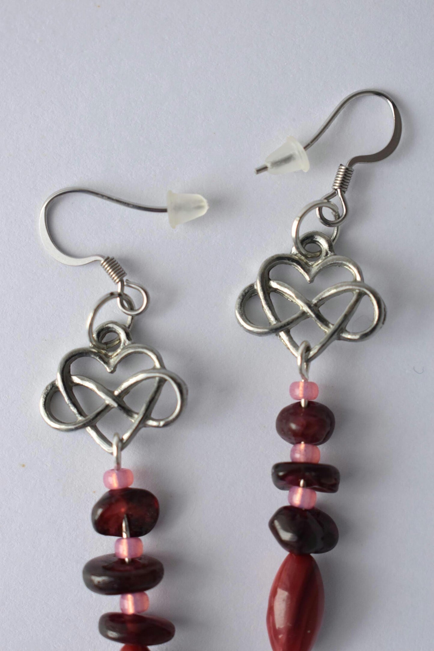 Garnet & Celtic Heart Drop Sterling Silver Earrings with Antique Silver Tone Charm