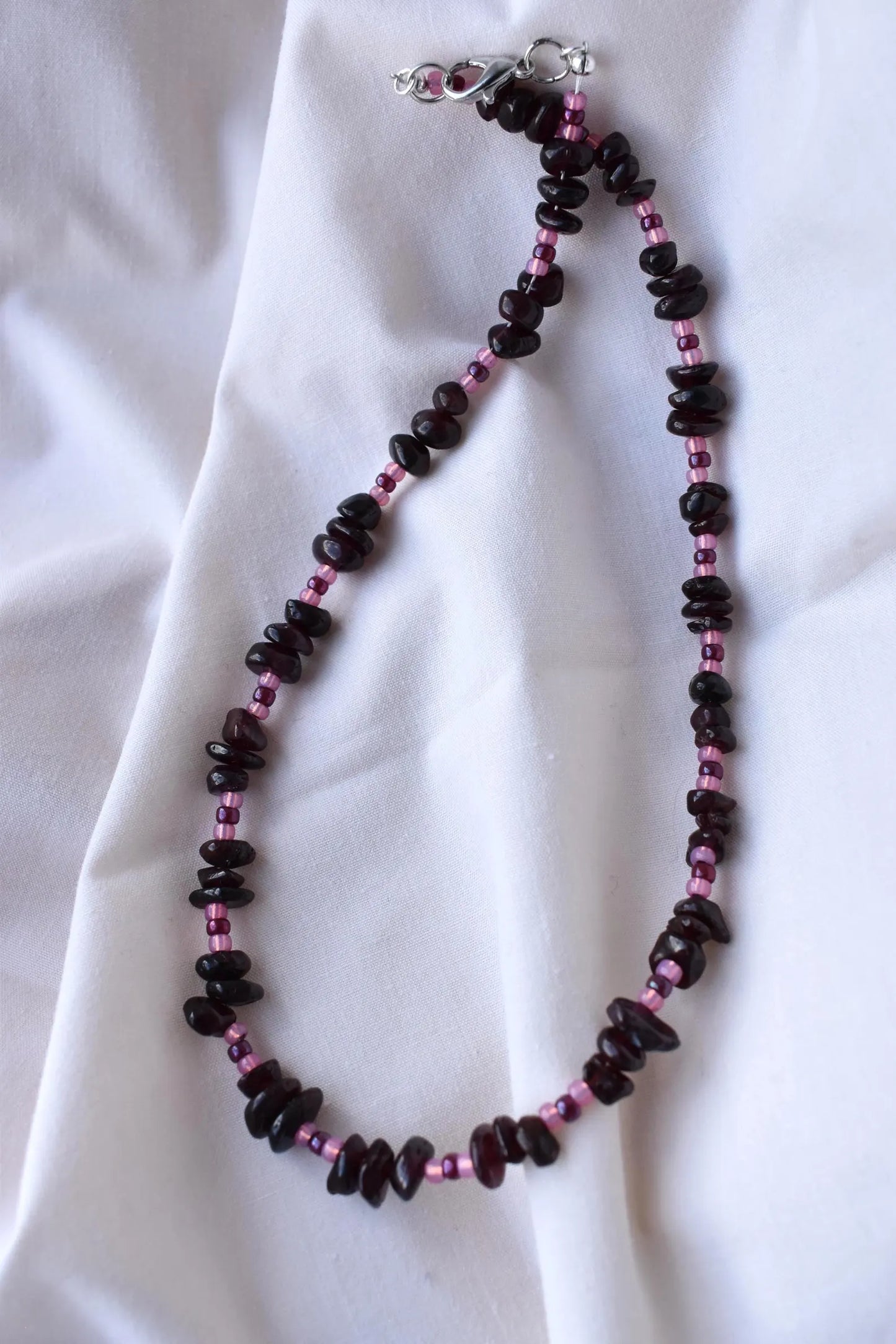 Garnet Chip & Seed Bead Sterling Silver Necklace (15")