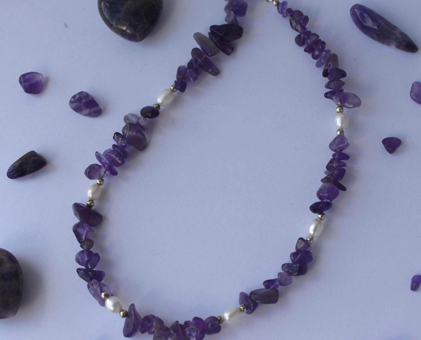Amethyst Chip & Freshwater Pearl Sterling Silver Necklace - 15” Handmade Gemstone Jewellery