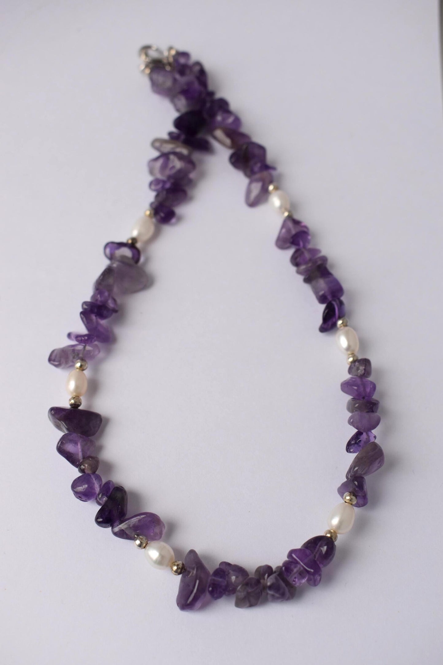 Amethyst Chip & Freshwater Pearl Sterling Silver Necklace - 15” Handmade Gemstone Jewellery
