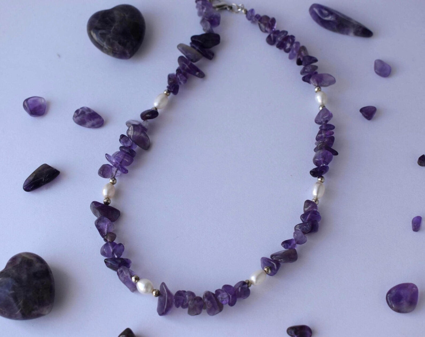 Amethyst Chip & Freshwater Pearl Sterling Silver Necklace - 15” Handmade Gemstone Jewellery