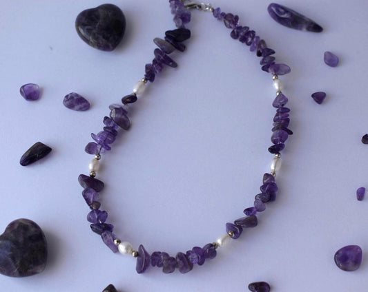 Amethyst Chip & Freshwater Pearl Sterling Silver Necklace - 15” Handmade Gemstone Jewellery